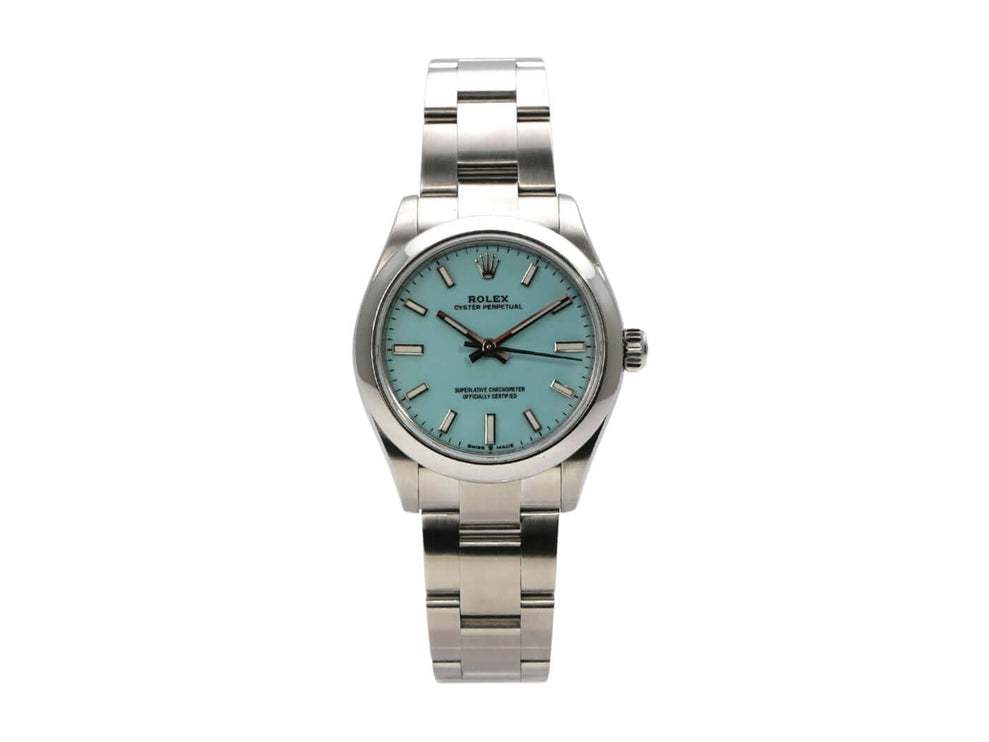 Rolex Oyster Perpetual 31 Ref. 277200 mit türkisblauem Zifferblatt und Edelstahlband, 2021 Modell.
