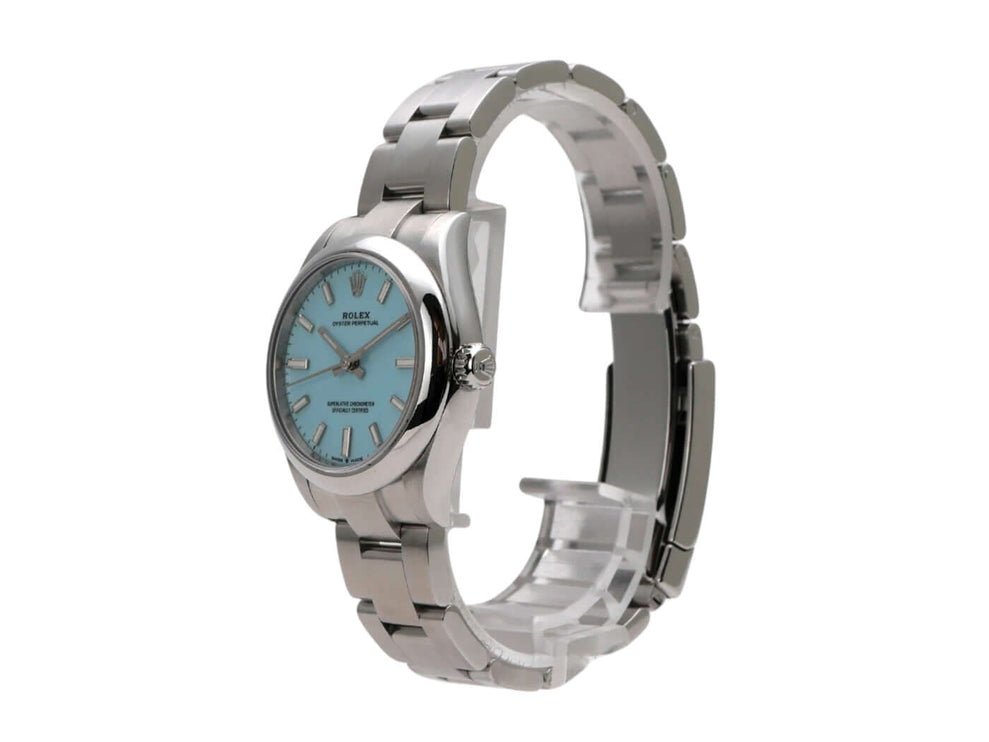 Rolex Oyster Perpetual 31 Ref. 277200 mit türkisblauem Zifferblatt und Edelstahlarmband, 2021, sehr guter Zustand.