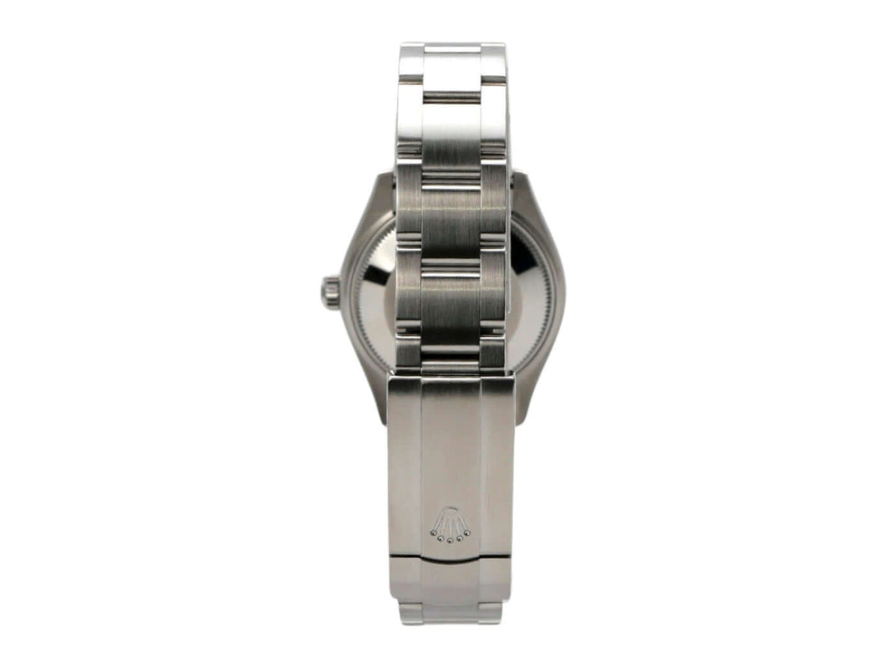 Seitenansicht der Rolex Oyster Perpetual 31 Ref. 277200 mit poliertem Edelstahlband und Faltschließe.