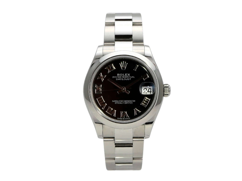 Rolex Datejust 31 Oystersteel 278240 Schwarz Römisch mit schwarzem Zifferblatt und römischen Ziffern.