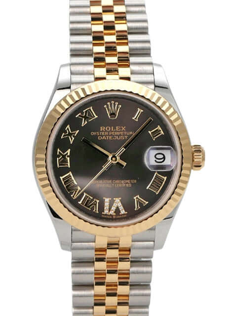 Rolex Datejust 31 Oystersteel Gelbgold 278273 Dark Grey R Diamant Jubile-Band auf eleganter Uhr mit beigem Zifferblatt.