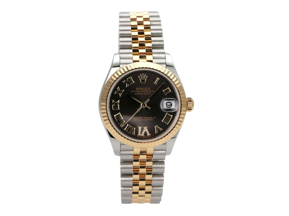 Rolex Datejust 31 Oystersteel Gelbgold 278273 Dark Grey R Diamant Jubile-Band mit Zifferblatt und römischen Ziffern.