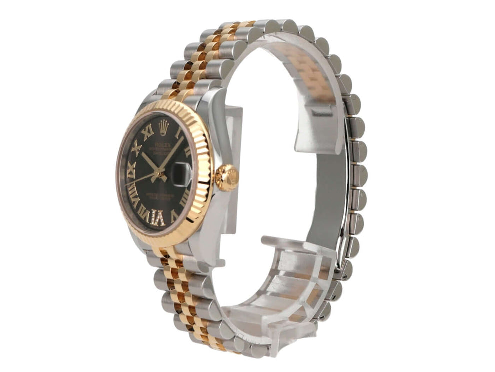 Rolex Datejust 31 Oystersteel Gelbgold 278273 Dark Grey R Diamant Jubile-Band seitlich mit schwarzem Zifferblatt.
