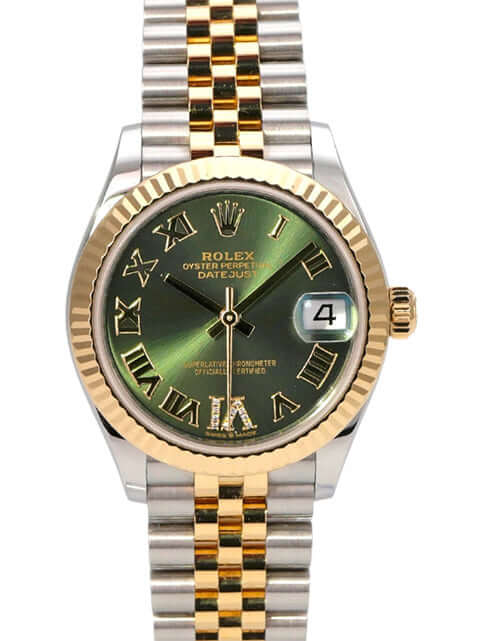 Rolex Datejust 31 Oystersteel Gelbgold 278273 Oliv R DIA Jubile-Band mit grünem Zifferblatt und römischen Ziffern