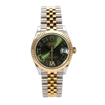 Rolex Datejust 31 Oystersteel Gelbgold 278273 Oliv R DIA Jubile-Band Uhr mit grünem Zifferblatt und Diamanten.