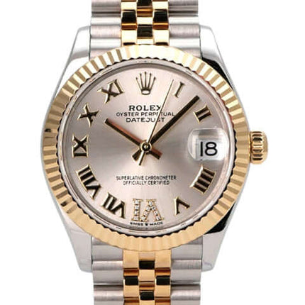 Rolex Datejust 31 Oystersteel Gelbgold 278273 Silber R DIA Jubile-Band Uhr mit silberfarbenem Zifferblatt und römischen Ziffern.