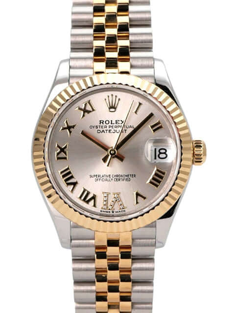 Rolex Datejust 31 Oystersteel Gelbgold 278273 Silber R DIA Jubile-Band Uhr mit silberfarbenem Zifferblatt und römischen Ziffern.