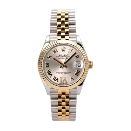 Rolex Datejust 31 Oystersteel Gelbgold 278273 Silber R DIA Jubile-Band mit silberfarbenem Zifferblatt und römischen Ziffern.