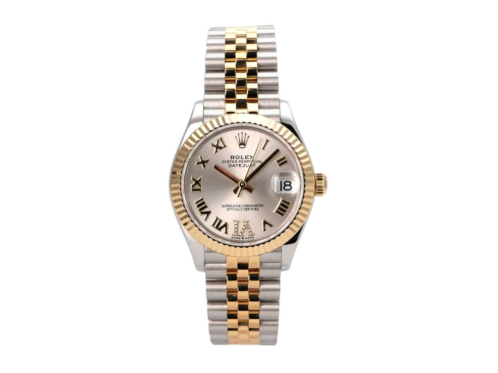 Rolex Datejust 31 Oystersteel Gelbgold 278273 Silber R DIA Jubile-Band mit silberfarbenem Zifferblatt und römischen Ziffern.