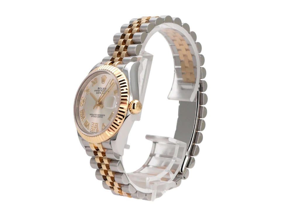 Rolex Datejust 31 Oystersteel Gelbgold 278273 Silber R DIA Jubile-Band, seitliche Ansicht der Uhr mit silberfarbenem Zifferblatt.