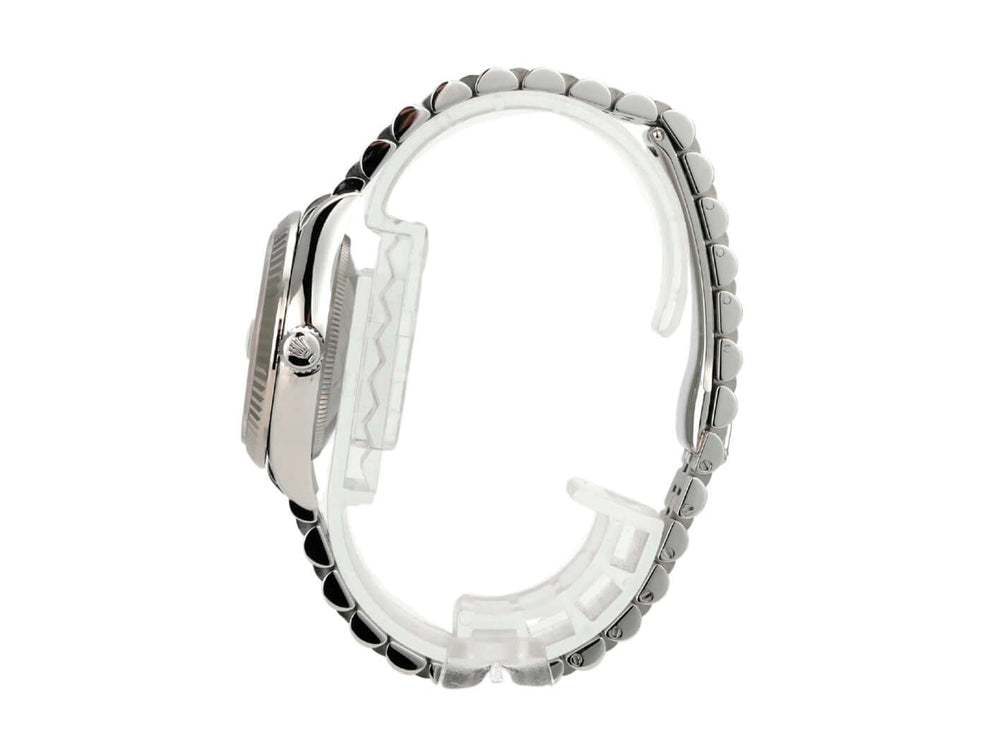 Rolex Oyster Datejust 31 278274 Silber Diamant Jubile-Band seitliche Ansicht mit Edelstahl-Armband und Krone.