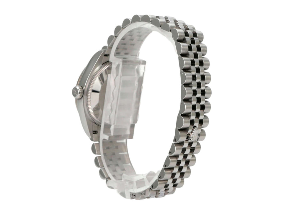 Rolex Oyster Datejust 31 278274 Silber Diamant Jubile-Band seitliche Ansicht des Edelstahlarms mit Faltschließe.