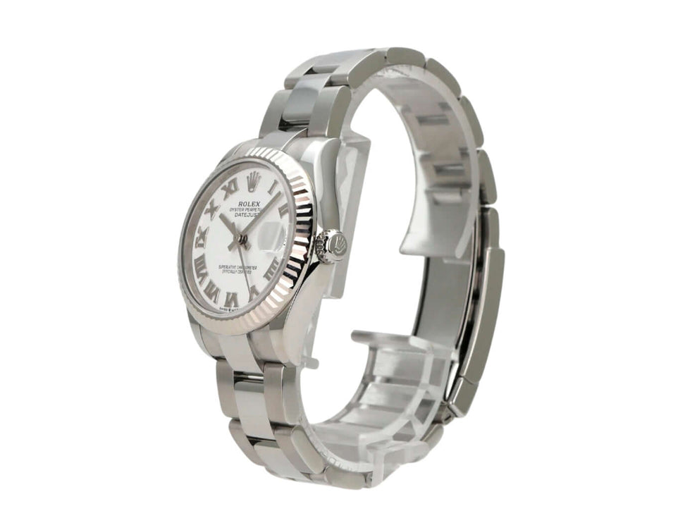Rolex Oyster Datejust 31 278274 Weiss Römisch Edelstahlarmband und weißes Zifferblatt mit römischen Ziffern.