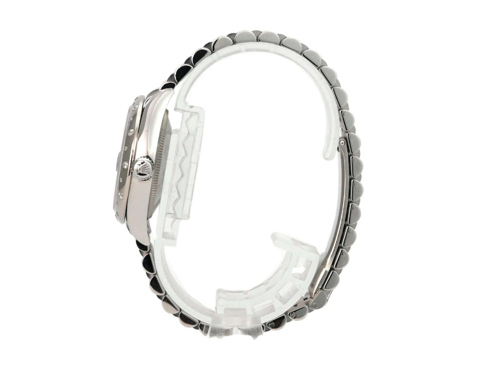 Rolex Datejust 31 Edelstahl Weißgold Diamant 278344RBR Blau Floral Jubile-Band seitliche Ansicht der Uhr