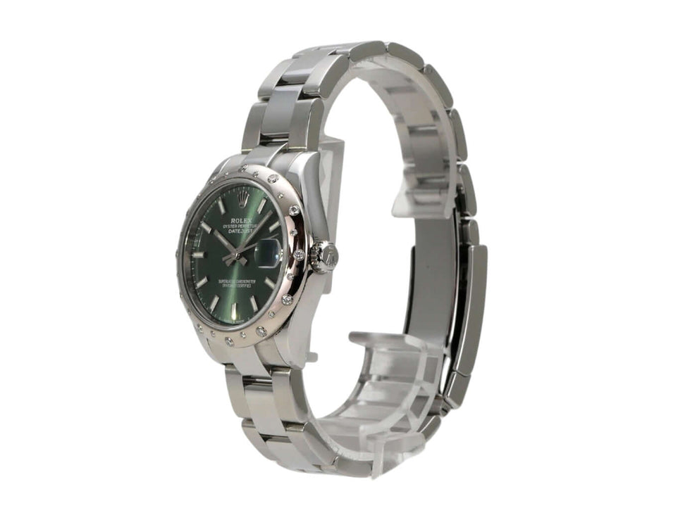 Rolex Datejust 31 Edelstahl Weißgold mit mintgrünem Zifferblatt und Diamanten, Ref. 278344RBR, seitliche Ansicht.