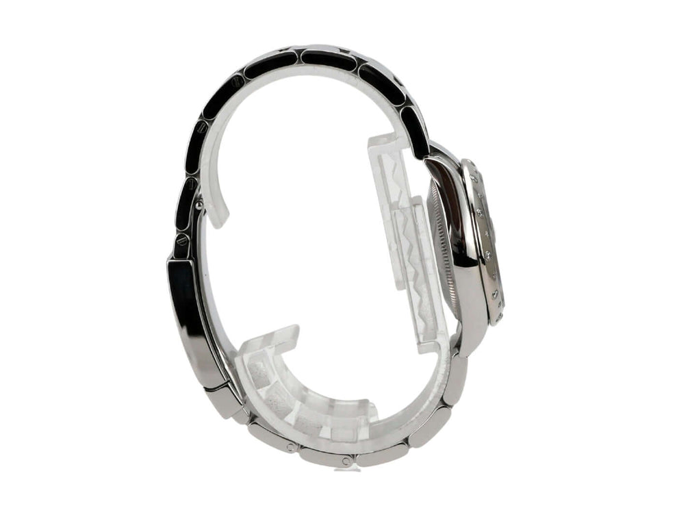 Seitenansicht der Rolex Datejust 31 Edelstahl mit mintgrünem Zifferblatt und Diamanten, Ref. 278344RBR.