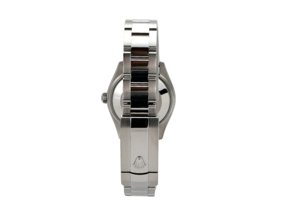 Rolex Datejust 31 Edelstahlweißgold Uhr seitliche Ansicht mit Oyster-Band und Faltschließe.