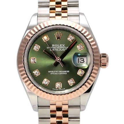 Rolex Datejust 28 Stahl Everose‑Gold 279171 Olive Dia Jubile-Band, Damenarmbanduhr mit Diamantzifferblatt