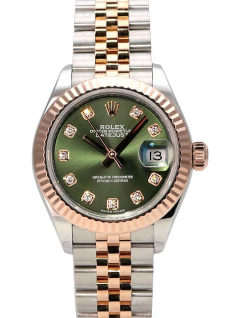 Rolex Datejust 28 Stahl Everose‑Gold 279171 Olive Dia Jubile-Band, Damenarmbanduhr mit Diamantzifferblatt