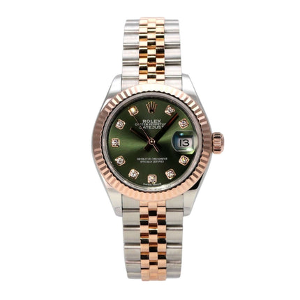 Rolex Datejust 28 Stahl Everose‑Gold 279171 Olive Dia Jubile-Band mit olivgrünem Diamantzifferblatt