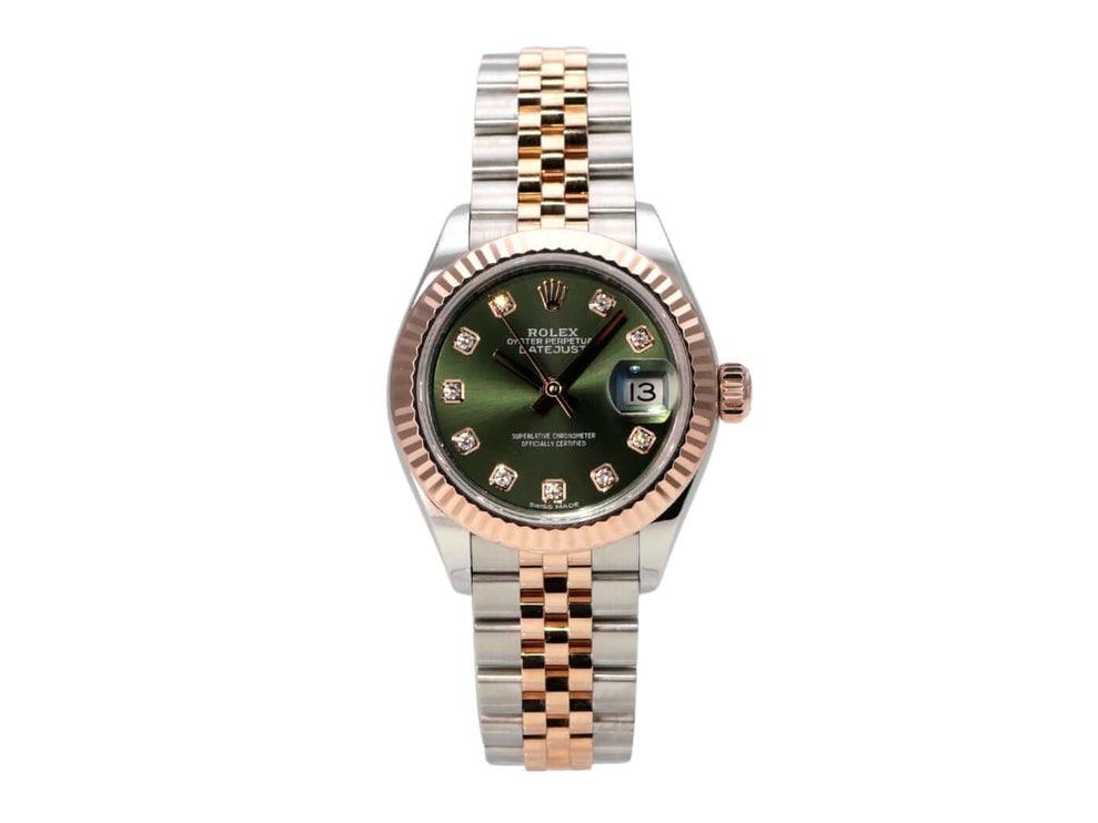 Rolex Datejust 28 Stahl Everose‑Gold 279171 Olive Dia Jubile-Band mit olivgrünem Diamantzifferblatt