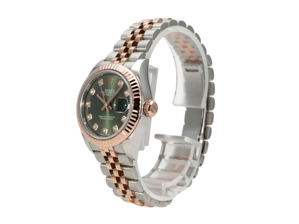 Rolex Datejust 28 Stahl Everose‑Gold 279171 Olive Dia Jubile-Band mit olivgrünem Diamantzifferblatt