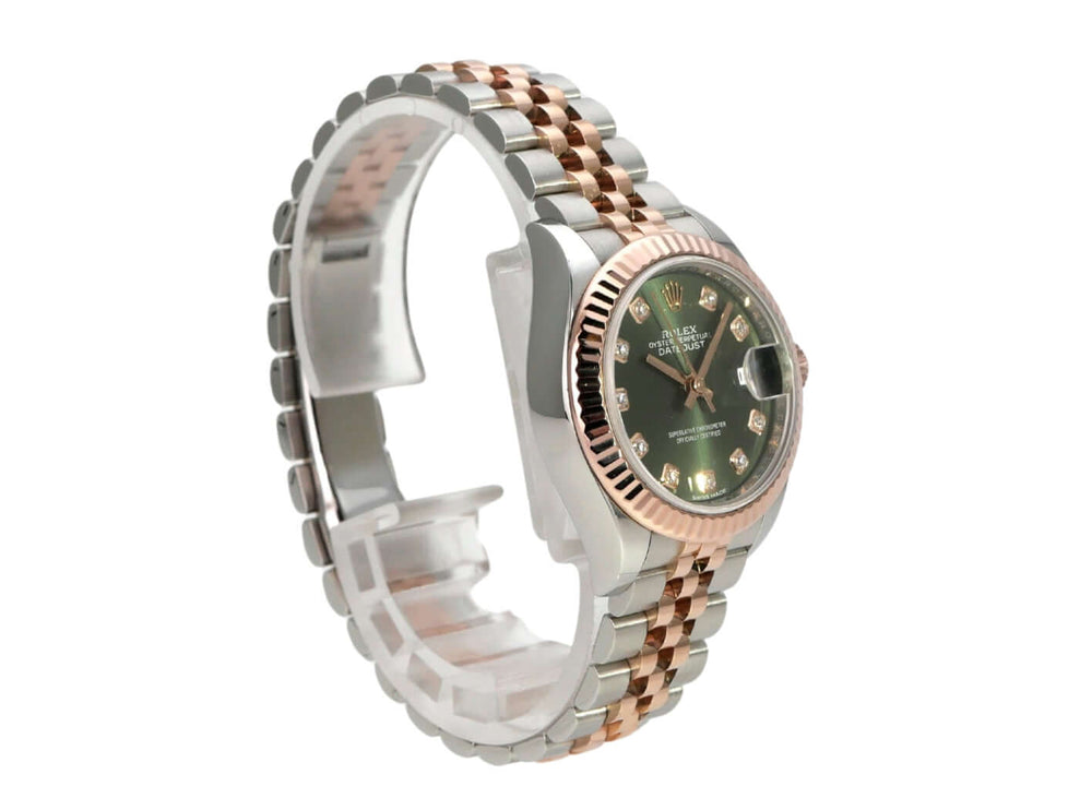 Rolex Datejust 28 Stahl Everose‑Gold 279171 Olive Dia Jubile-Band mit grünem Diamantzifferblatt