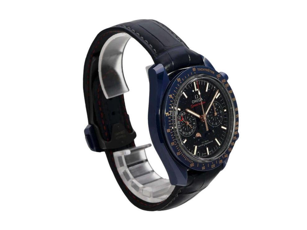 Omega Speedmaster Moonwatch Mondphase 304.93.44.52.03.002 mit blauem Gehäuse und Krokolederband