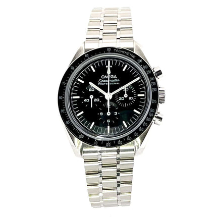 Omega Speedmaster Professional Moonwatch 310.30.42.50.01.002 mit Edelstahlgehäuse, schwarzem Zifferblatt und Tachymeter-Lünette.