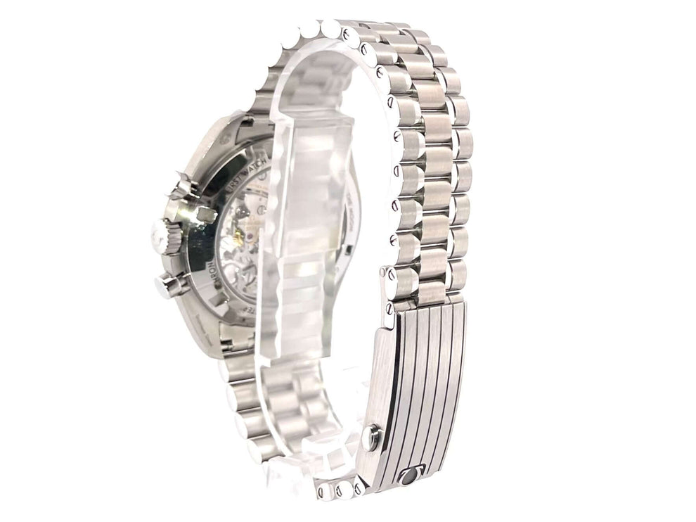 Rückansicht der Omega Speedmaster Professional Moonwatch 310.30.42.50.01.002 mit Edelstahlarmband und Uhrwerk.