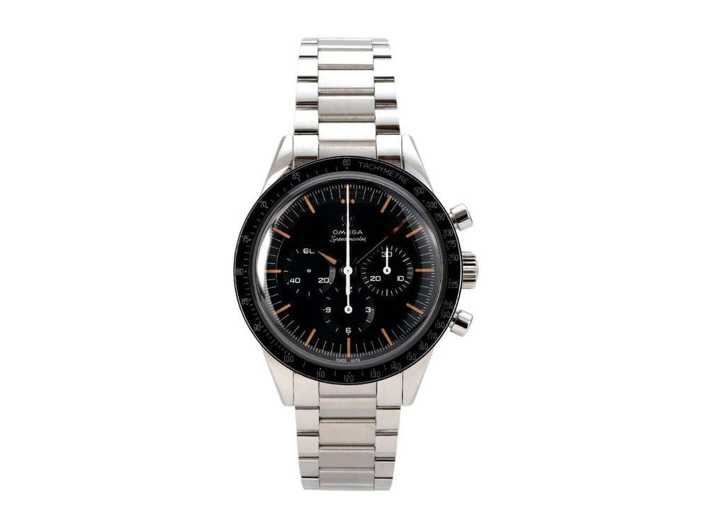 Omega Moonwatch First Omega in Space 310.30.40.50.06.001 mit Edelstahlband und schwarzem Zifferblatt.