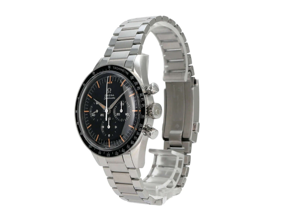 Omega Moonwatch First Omega in Space 310.30.40.50.06.001 mit Edelstahl-Gehäuse und schwarzem Zifferblatt.