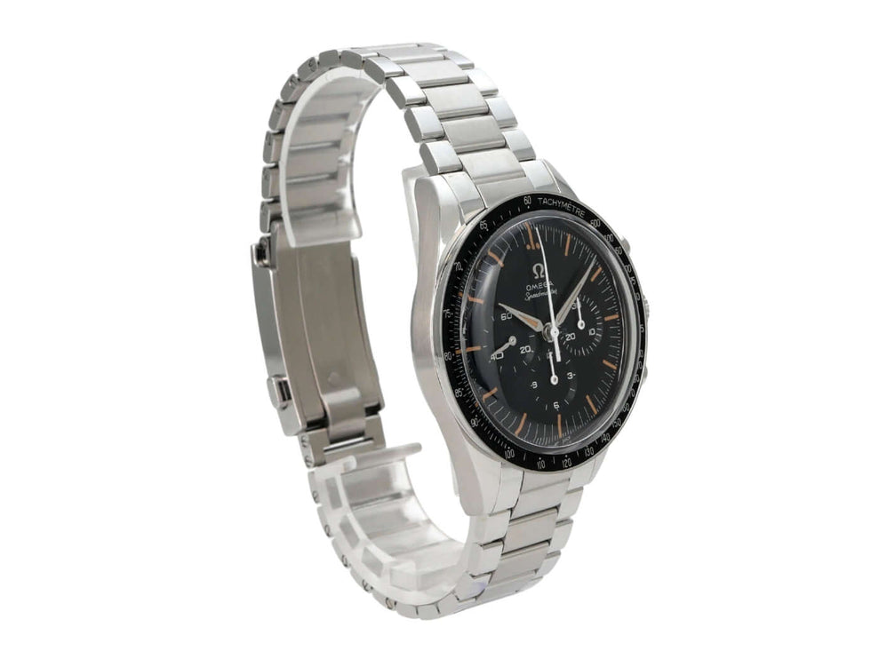 Omega Moonwatch First Omega in Space 310.30.40.50.06.001 mit Edelstahlband und schwarzem Zifferblatt.