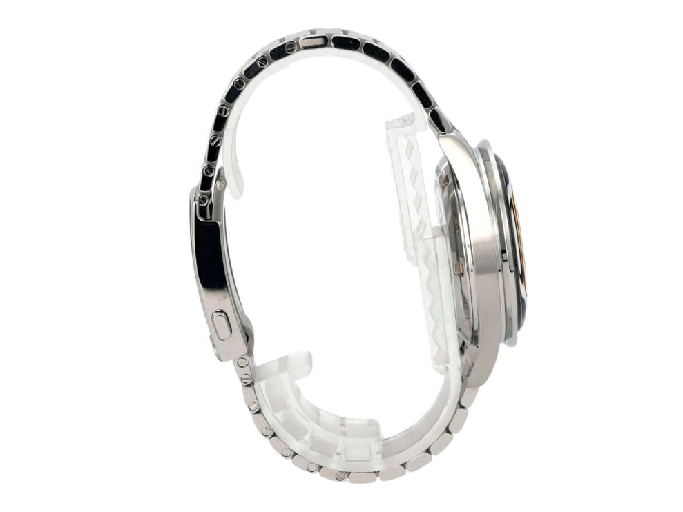 Omega Moonwatch First Omega in Space 310.30.40.50.06.001 seitliche Ansicht mit poliertem Edelstahlband.