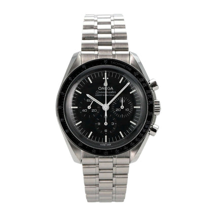 Omega Speedmaster Professional Moonwatch 310.30.42.50.01.001 mit schwarzem Zifferblatt und Edelstahlarmband.