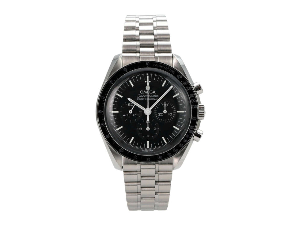 Omega Speedmaster Professional Moonwatch 310.30.42.50.01.001 mit schwarzem Zifferblatt und Edelstahlarmband.