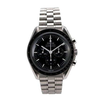 Omega Speedmaster Professional Moonwatch 310.30.42.50.01.001 in Edelstahl mit schwarzem Zifferblatt und Chronographenfunktionen.