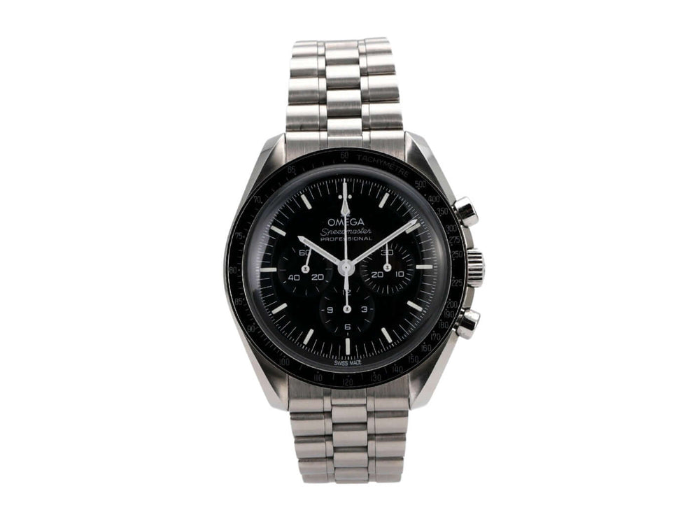 Omega Speedmaster Professional Moonwatch 310.30.42.50.01.001 in Edelstahl mit schwarzem Zifferblatt und Chronographenfunktionen.