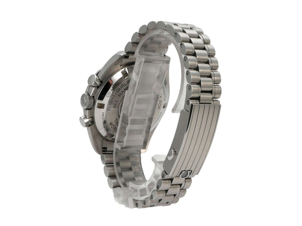 Omega Speedmaster Professional Moonwatch 310.30.42.50.01.001 - Edelstahl Gehäuse und Armband, seitliche Ansicht.