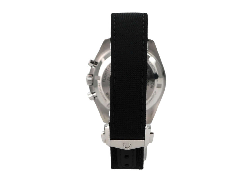 Rückansicht der Omega Speedmaster Professional Moonwatch 310.32.42.50.01.001 mit schwarzem Textilarmband.