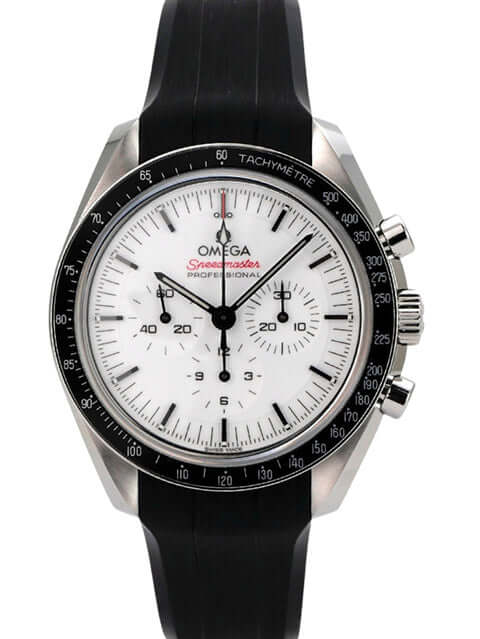 Omega Speedmaster Professional Moonwatch 310.32.42.50.04.001 mit schwarzem Kautschukband und weißem Zifferblatt.