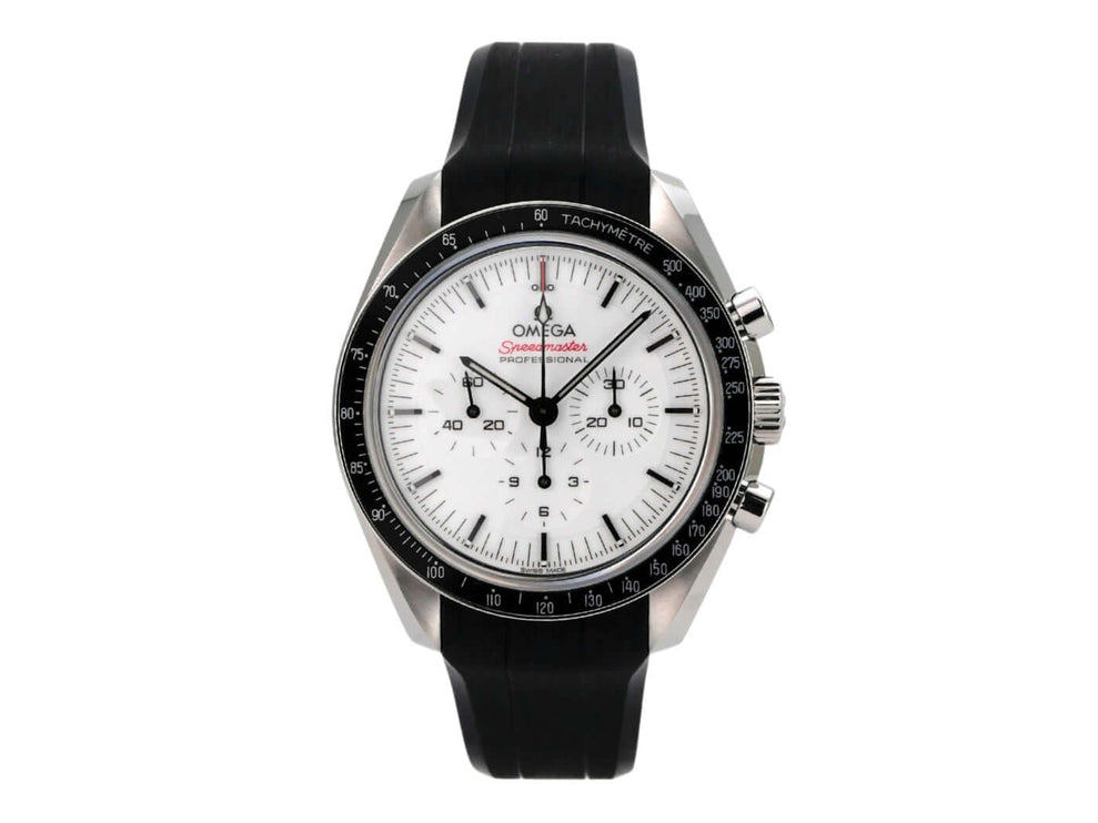Omega Speedmaster Professional Moonwatch 310.32.42.50.04.001 mit schwarzem Kautschukband und weißem Zifferblatt.