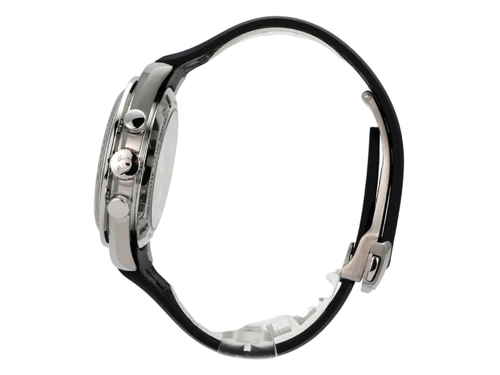 Omega Speedmaster Professional Moonwatch 310.32.42.50.04.001 in Seitenansicht mit schwarzem Kautschukband.