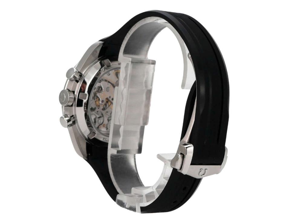 Seitenansicht der Omega Speedmaster Professional Moonwatch 310.32.42.50.04.001 mit schwarzem Kautschukband.