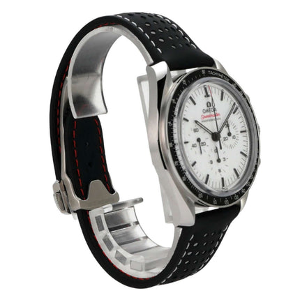Omega Speedmaster Professional Moonwatch 310.32.42.50.04.002 mit schwarzem Gummiarmband und weißem Zifferblatt.