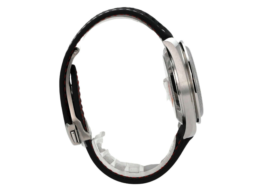 Omega Speedmaster Professional Moonwatch 310.32.42.50.04.002 Ansicht von der Seite mit schwarzem Lederband und Edelstahlgehäuse.