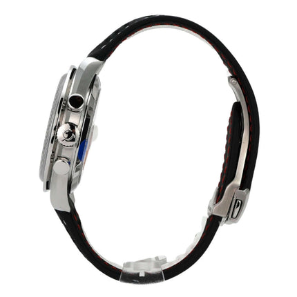 Omega Speedmaster Professional Moonwatch 310.32.42.50.04.002 seitliche Ansicht mit schwarzem Lederarmband und Edelstahlgehäuse.