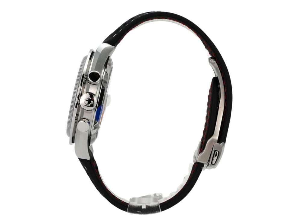 Omega Speedmaster Professional Moonwatch 310.32.42.50.04.002 seitliche Ansicht mit schwarzem Lederarmband und Edelstahlgehäuse.