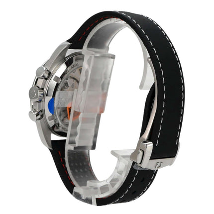 Omega Speedmaster Professional Moonwatch 310.32.42.50.04.002 seitliche Ansicht mit schwarzem Lederband