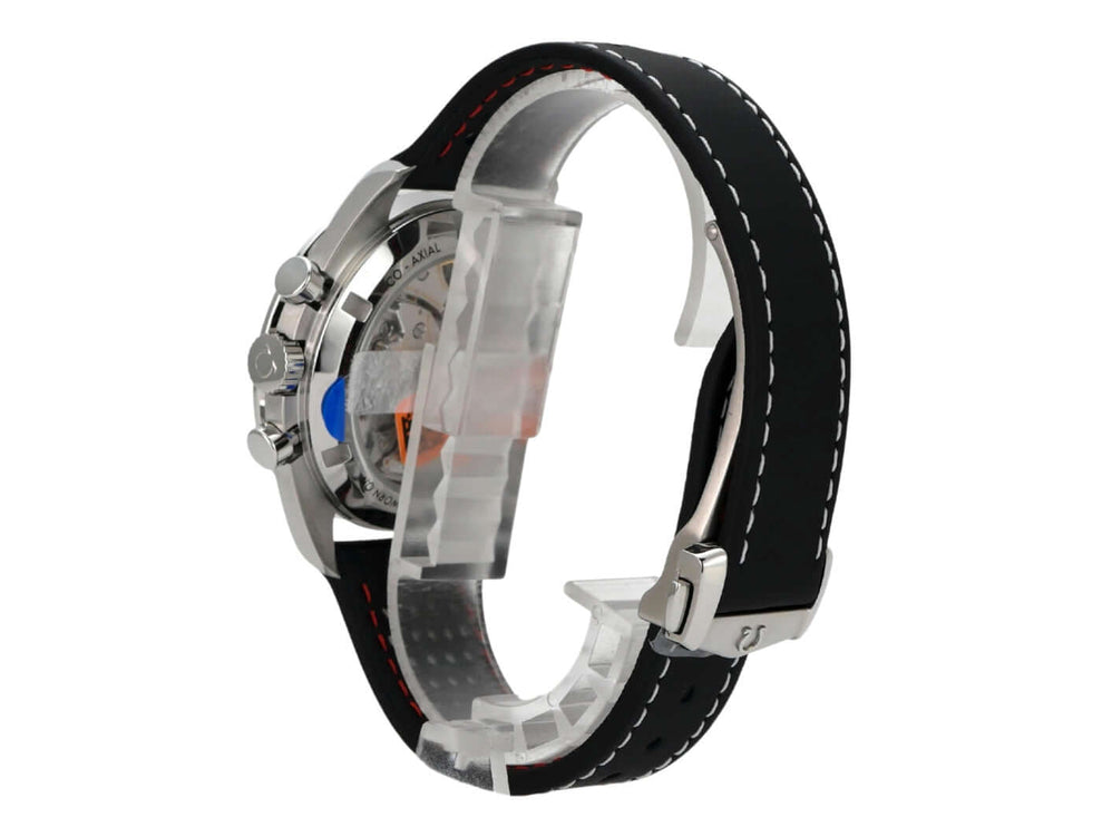 Omega Speedmaster Professional Moonwatch 310.32.42.50.04.002 seitliche Ansicht mit schwarzem Lederband